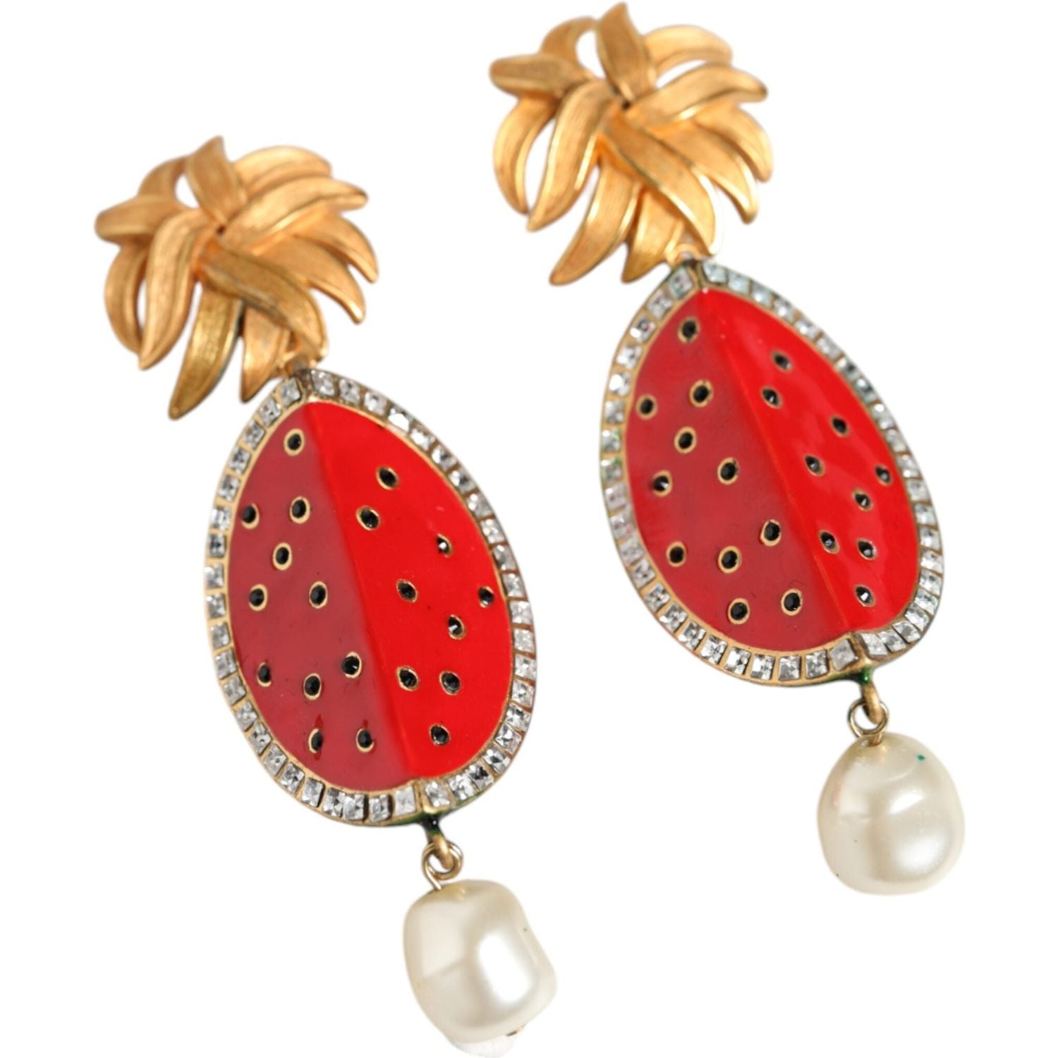 Dolce & Gabbana Red Watermelon Gold Brass Crystal Clip Dangling Earrings