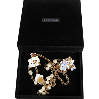 Dolce & Gabbana Gold Chain Brass Floral Layered Crystal Pearl Necklace Necklace