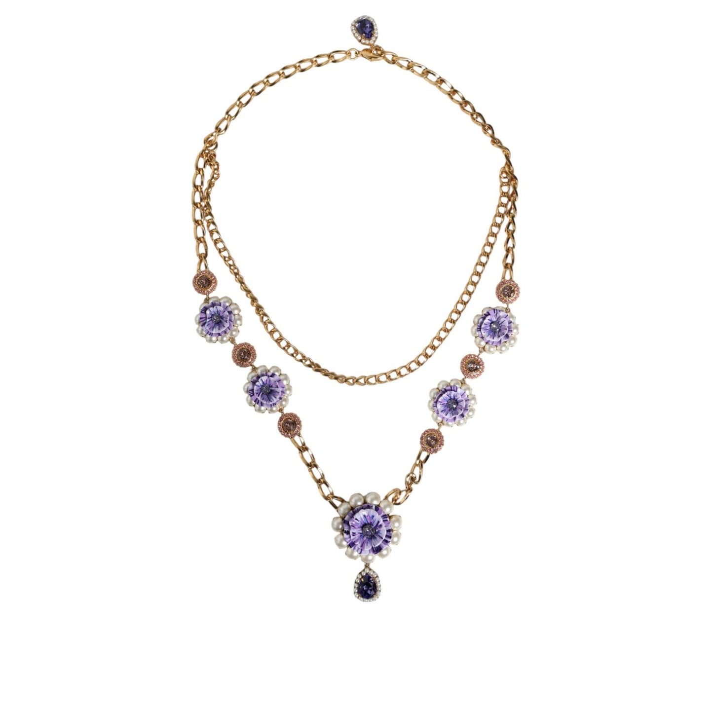 Dolce & Gabbana Gold Tone Floral Crystals Embellished Layered Necklace Necklace