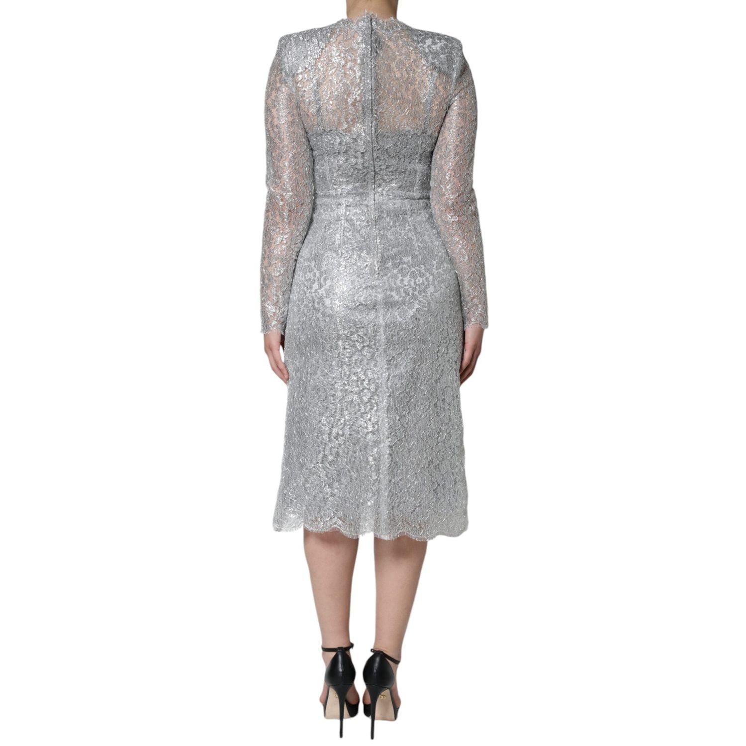 Dolce & Gabbana Silver Floral Lace Bodycon Sheath Midi Dress
