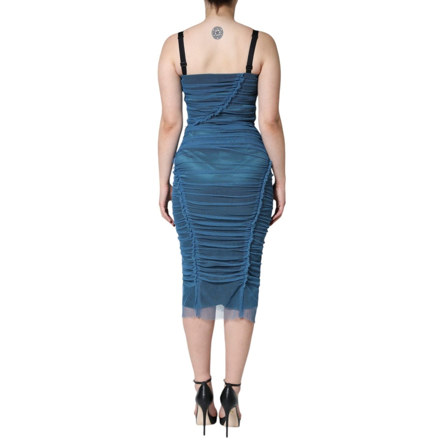 Dolce & Gabbana Blue Mesh Trim Ruched Tulle Sheath Dress