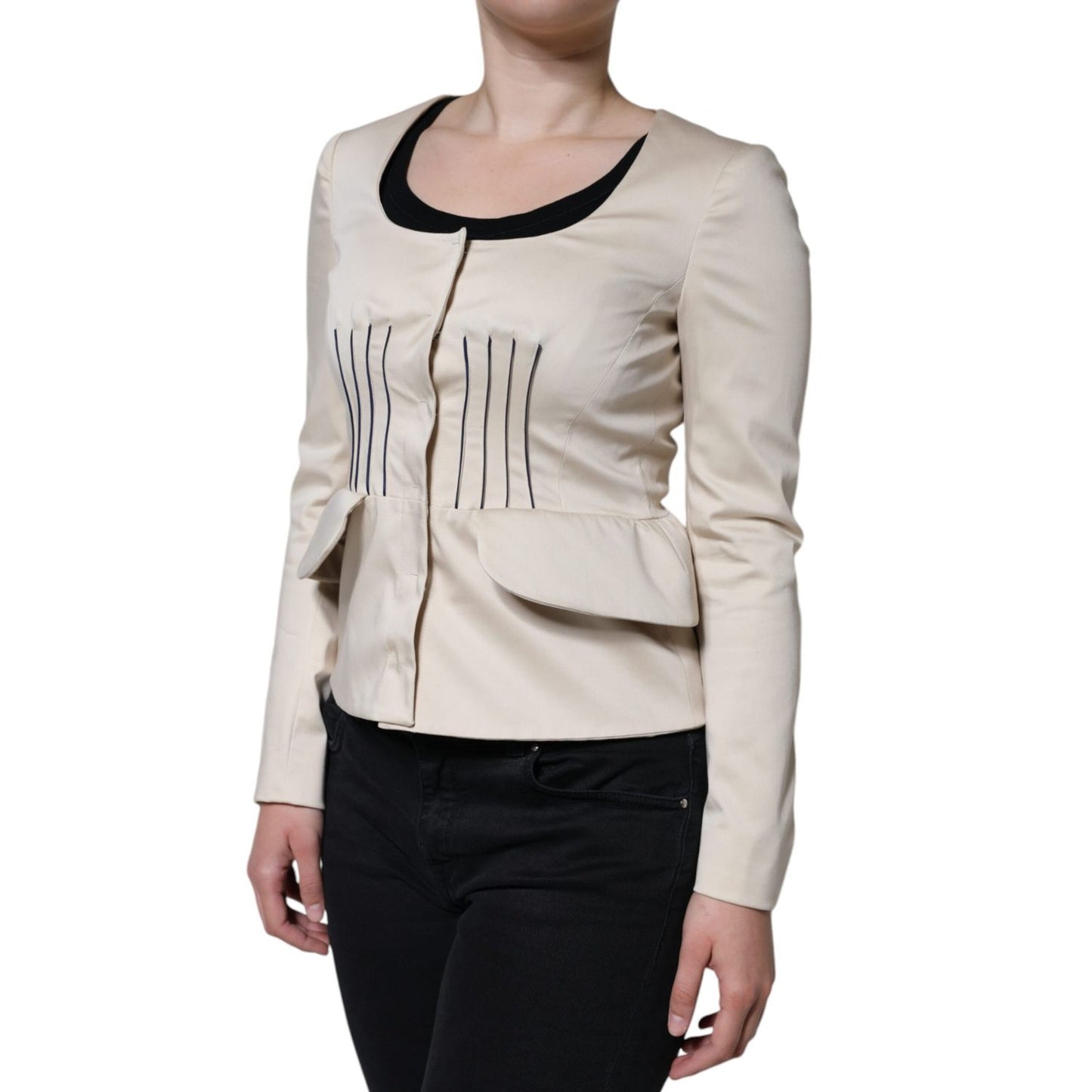Valentino Beige Cotton Long Sleeves Round Neck Blazer Jacket