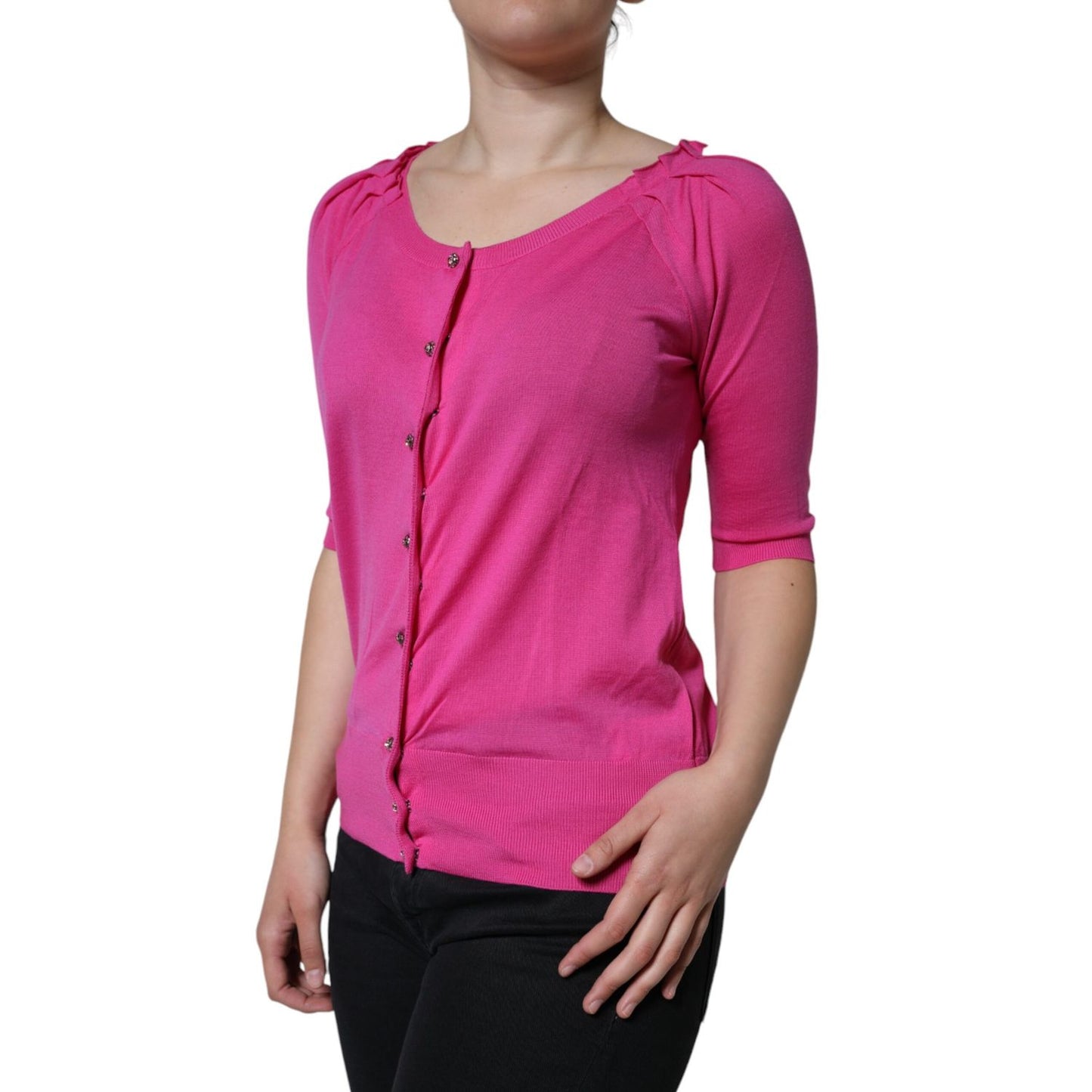 Dolce & Gabbana Pink Wool Button Down Short Sleeve Blouse Top