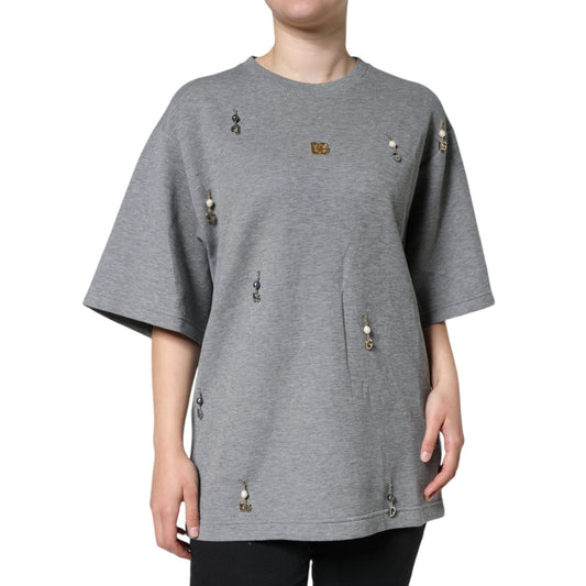 Dolce & Gabbana Gray Cotton Blend Embellished Tee T-shirt TSH84630-38