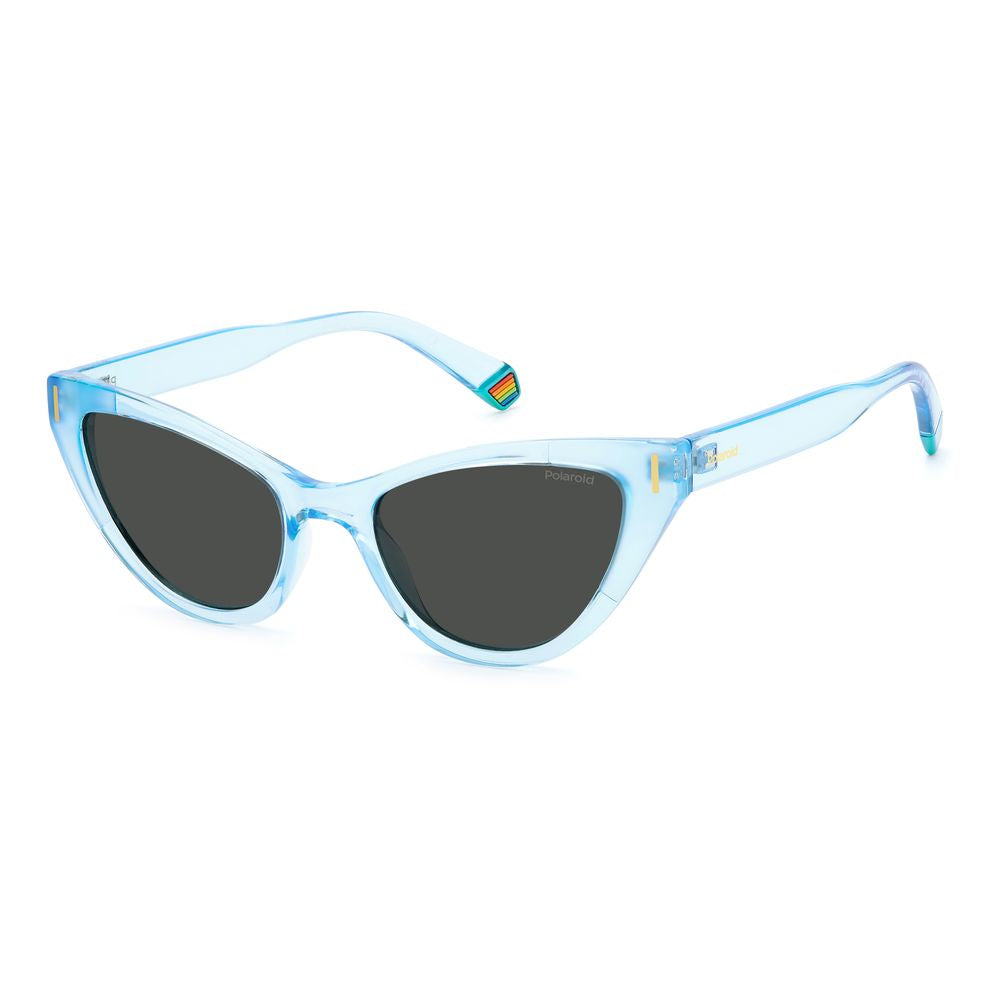 Polaroid Blue Plastic Sunglasses with polarized gray lenses, featuring a stylish cat-eye shape and metal rivet accents on the frame.