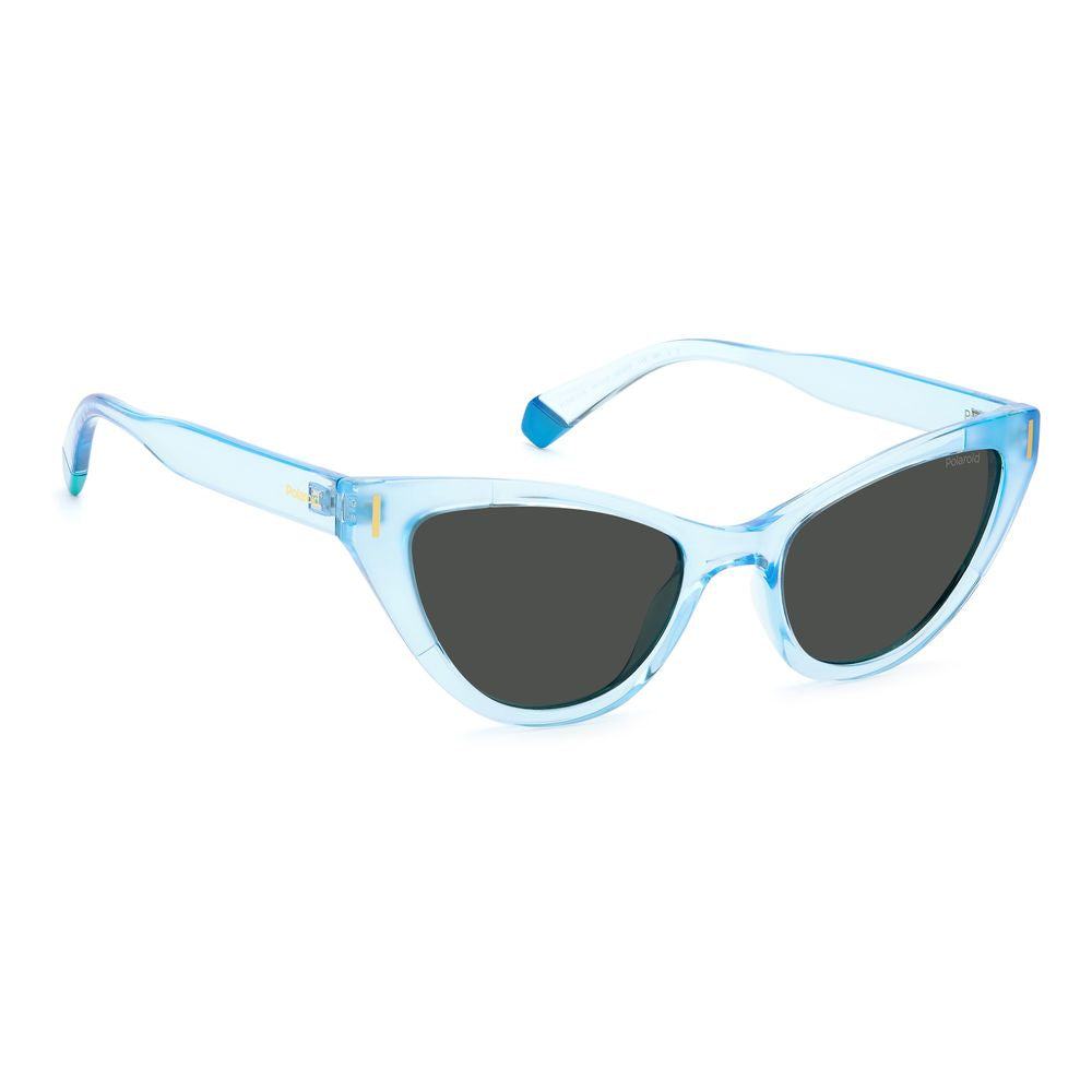 Polaroid Blue Plastic Sunglasses - Women's polarized eyewear with blue plastic frame and gray lenses, stylish and feminine design.
