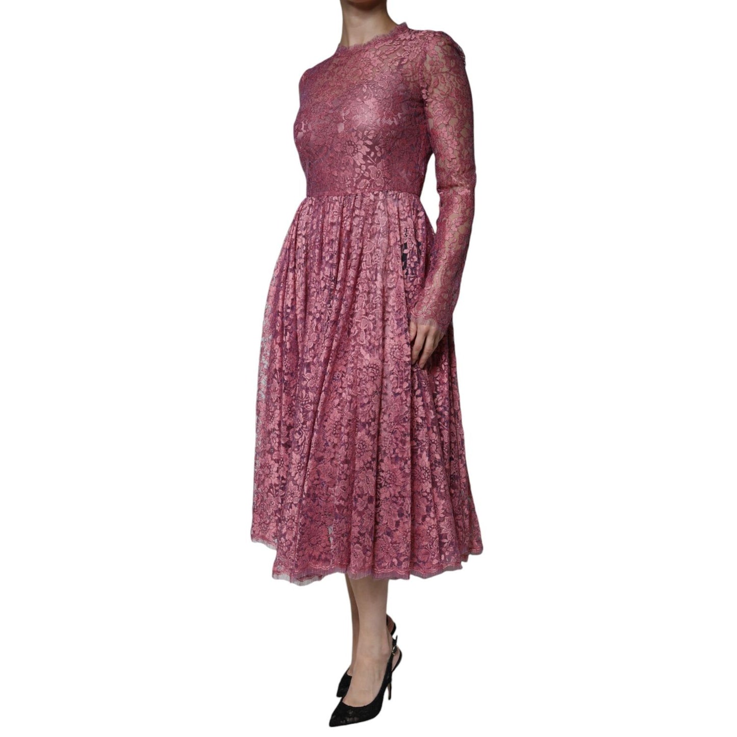 Dolce & Gabbana Fuchsia Floral Lace Long Sleeve Maxi Dress