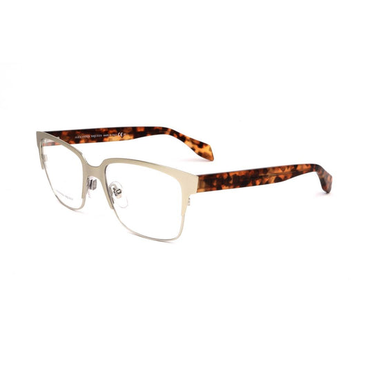 Alexander McQueen Bicolor Metal Frames in matte gold and havana with 53/17/140mm size, stylish eyewear for women.