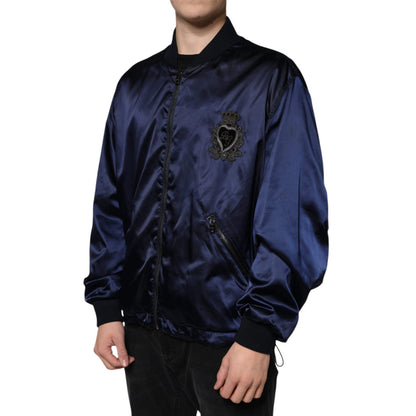 Dolce & Gabbana Blue Crown Heart Full Zip Men Bomber Jacket