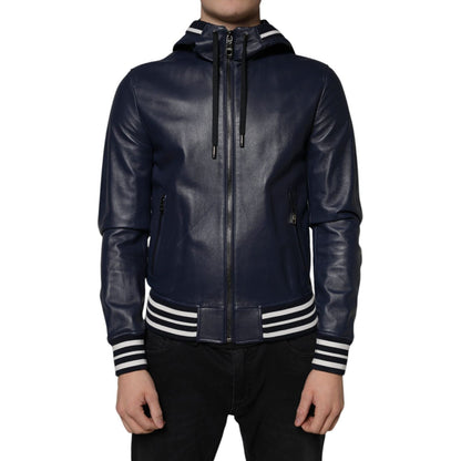 Dolce & Gabbana Blue Leather Full Zip Hooded Bomber Jacket
