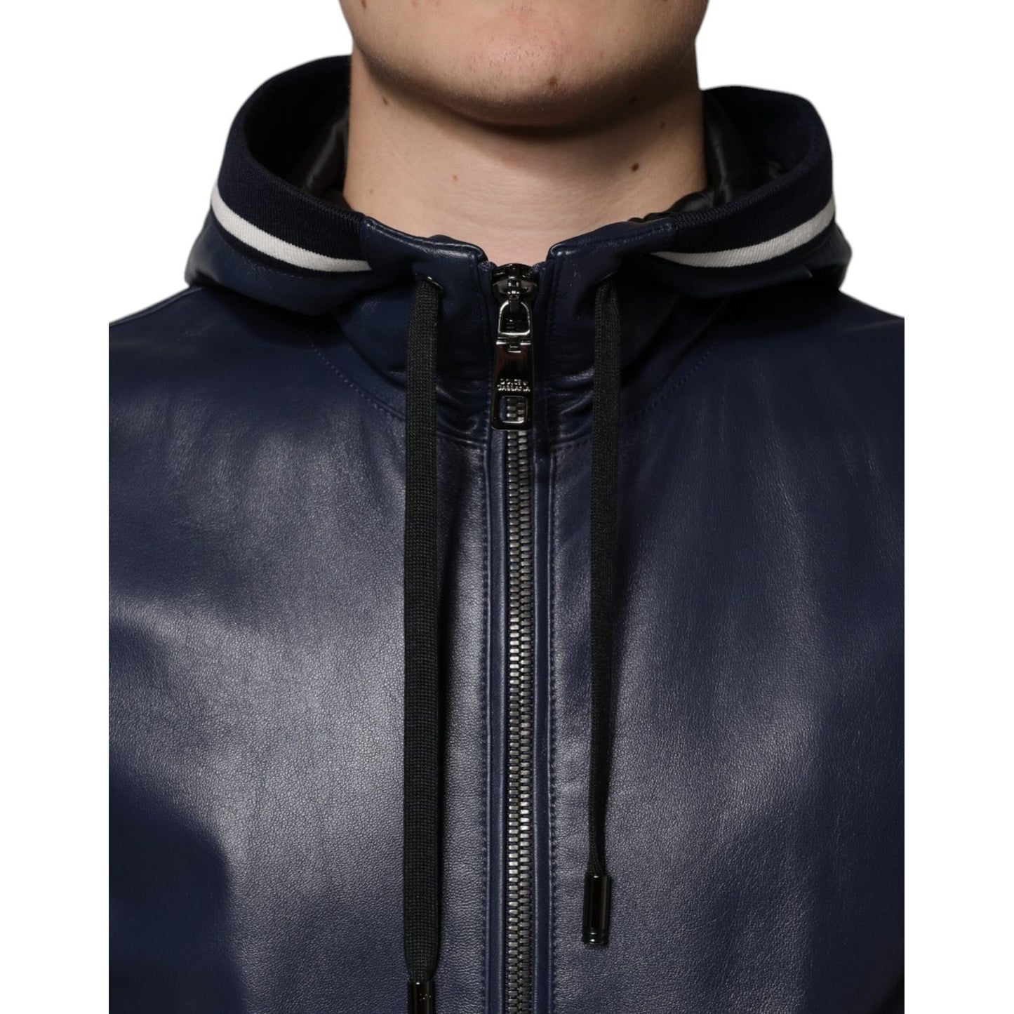 Dolce & Gabbana Blue Leather Full Zip Hooded Bomber Jacket