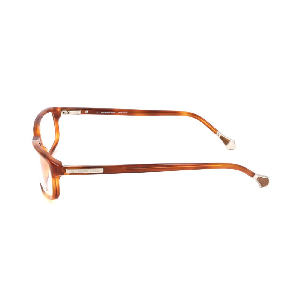 Side view of Ermenegildo Zegna Brown Plastic Frames showing temple details and design, size 56/16/140 mm.