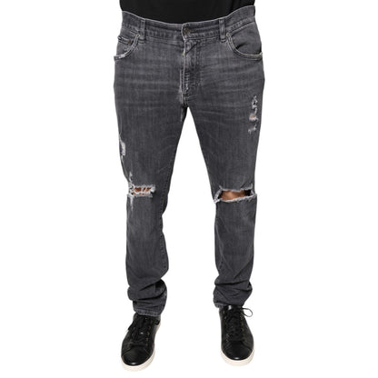 Dolce & Gabbana Dark Gray Tattered Cotton Skinny Denim Jeans