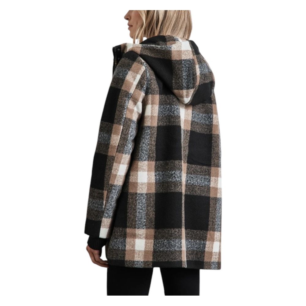 Woman wearing a checkered Street One Beige Polyester Coat, rear view, showing the hood and modern design.