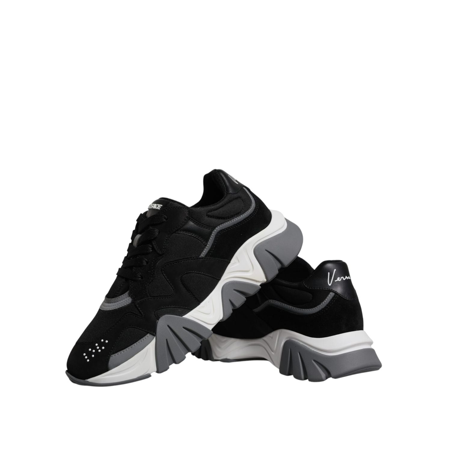 Versace Black Leather Neoprene Chunky Low Top Sneakers Squalo Shoes