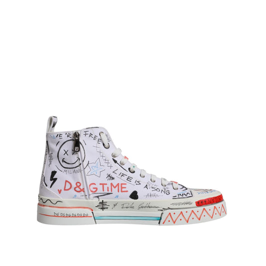 Dolce & Gabbana White Cotton Graffiti High Top Sneaker Shoes