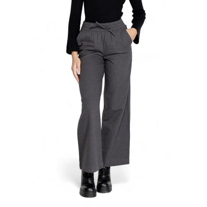 Jacqueline De Yong Gray Cotton Casual Pants with high waist and palazzo design for women.