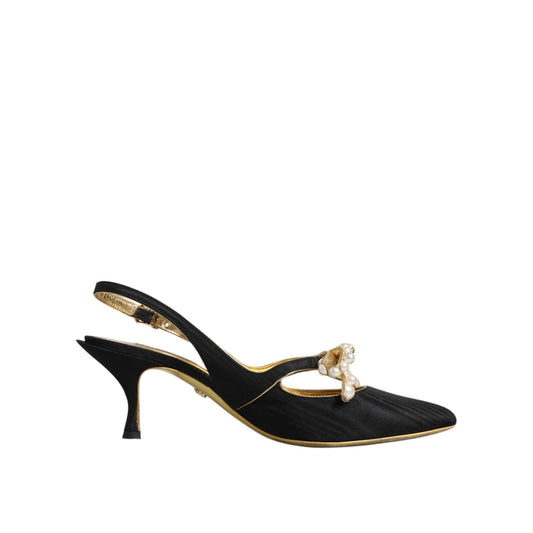 Dolce & Gabbana Black Leather Faux Pearls Slingbacks Shoes