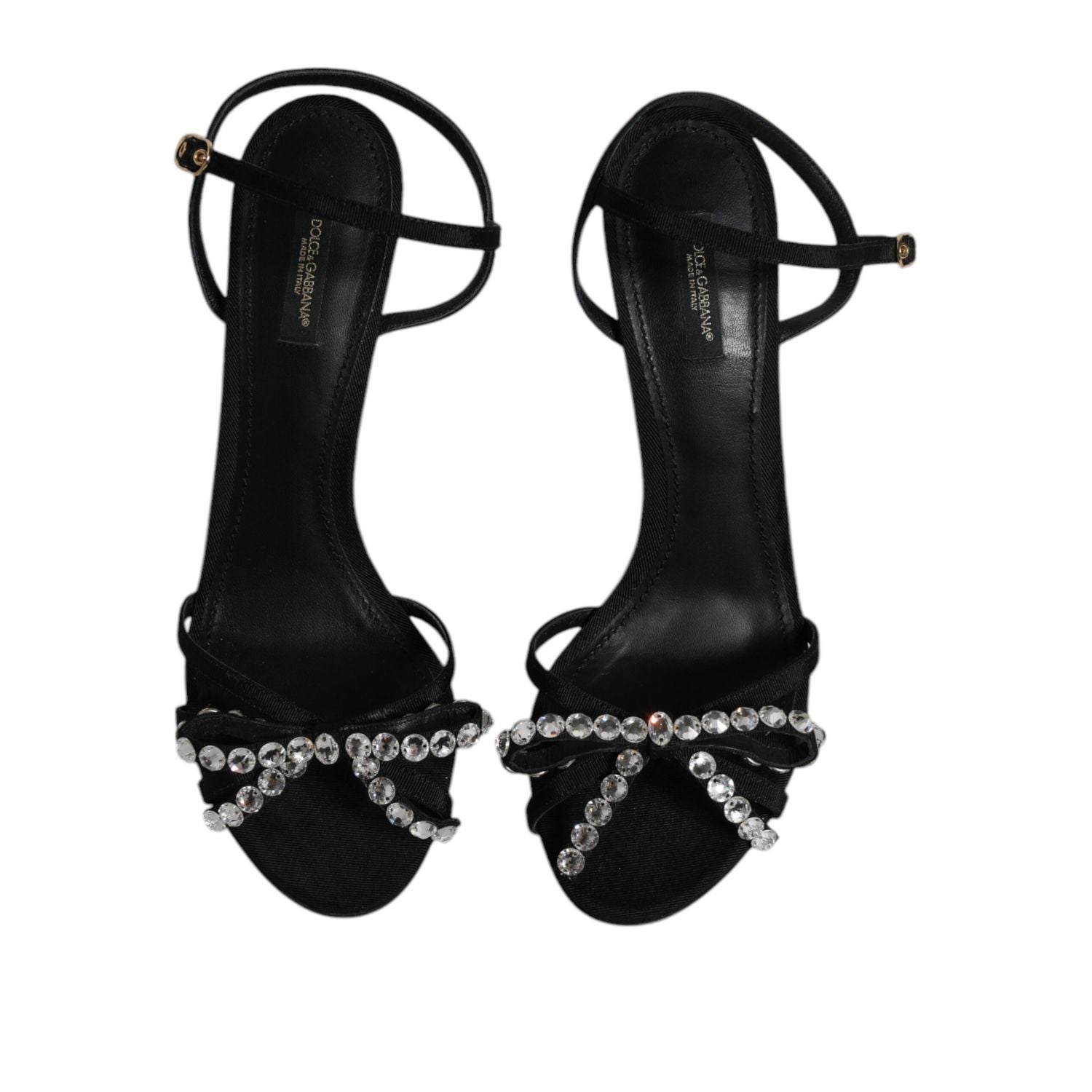 Dolce & Gabbana Black Leather Crystal Heels Sandals Shoes