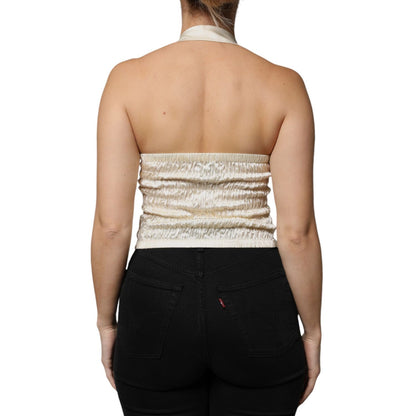 L'Autre Chose Off White Silk Sleeveless Buttoned Halter Top