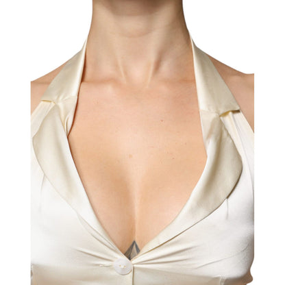 L'Autre Chose Off White Silk Sleeveless Buttoned Halter Top