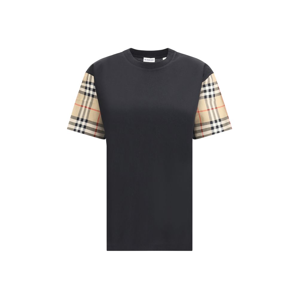 Burberry Black Cotton T-Shirt with Check Archive sleeves, showcasing a classic and stylish contrast.
