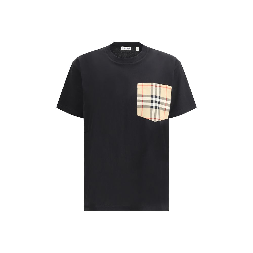 Burberry Black Cotton T-Shirt featuring Archive Check pocket, ribbed crew neck, in monochrome pattern, oversize fit, 100% cotton.