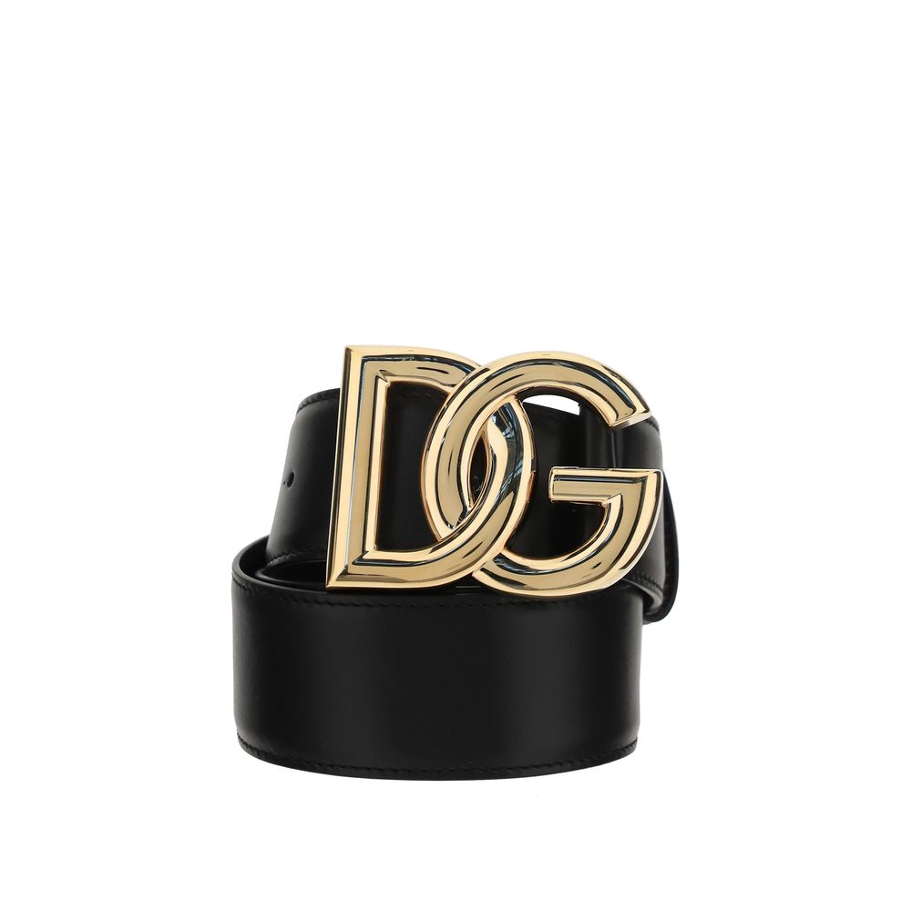 Dolce & Gabbana Black Calf Leather Bos Taurus Regular Belt with gold DG monogram buckle, 4 cm thick, season AW25.