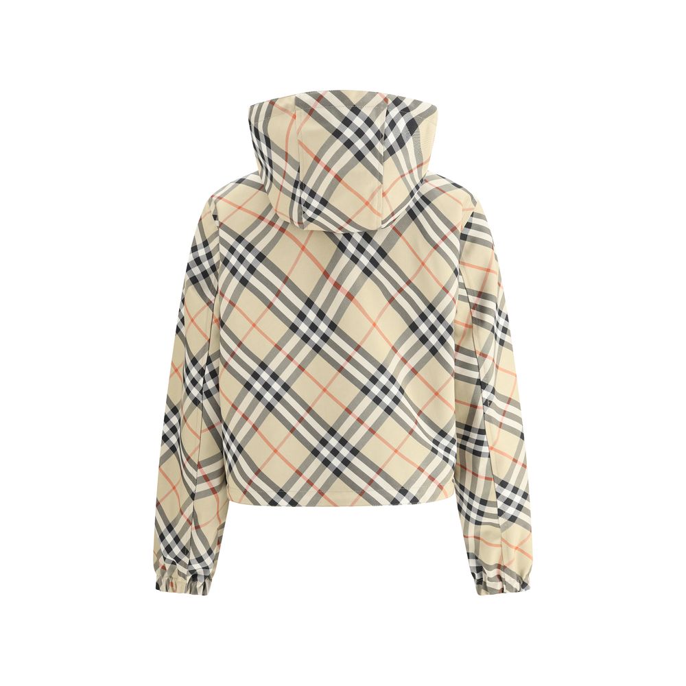 Back view of Burberry Brown Polyester Shell Jacket with iconic Check Archivio pattern, adjustable drawstring hood, and elasticized cuffs.