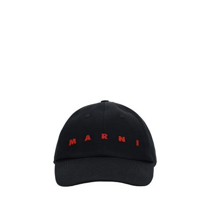 Marni Black Cotton Cap (Baseball Hat) with red monogram, adjustable closure, 100% cotton, front view.