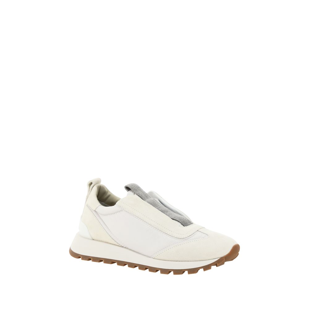 Brunello Cucinelli White Rubber Low Top Sneakers with slip-on style, round toe, shiny jewels, suede details, embossed monogram.