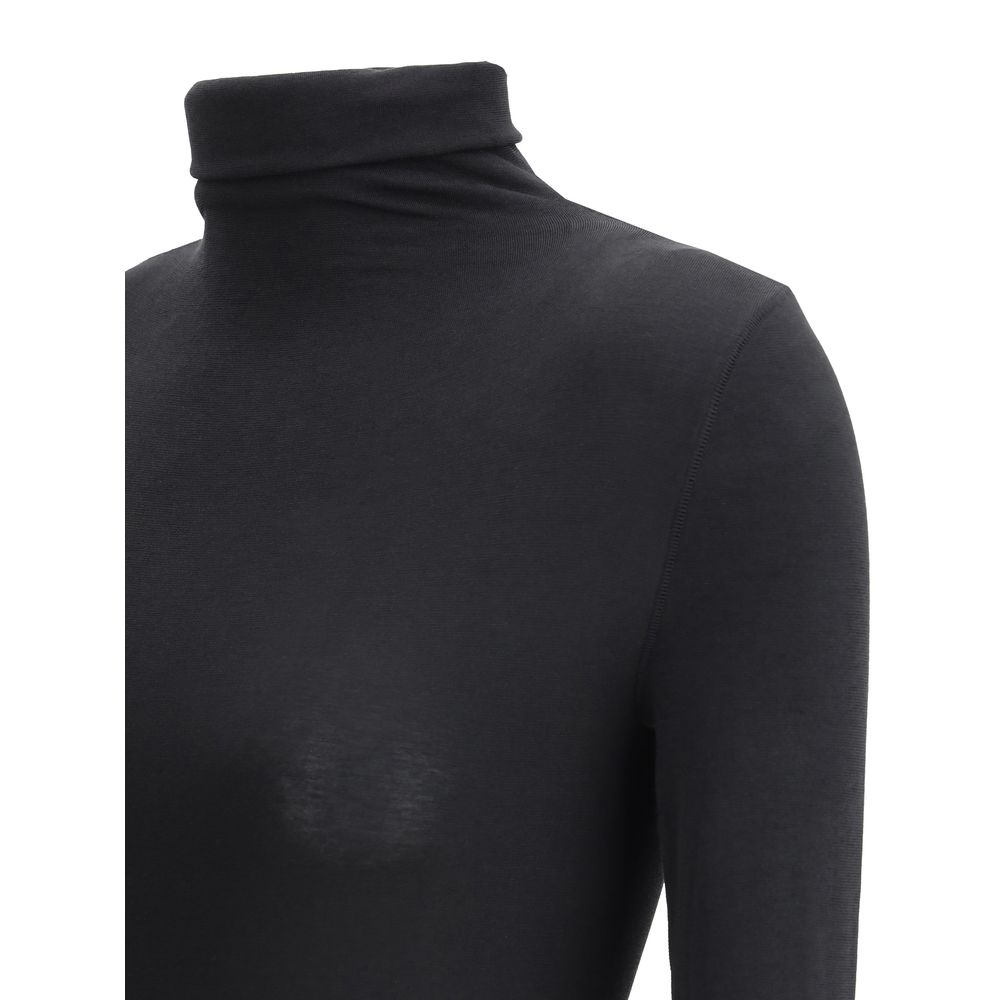 Wolford Black Polyamide Top, high neck, long sleeve bodysuit featuring a smooth form-fitting line for elegant style and comfort.