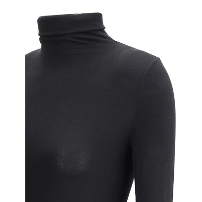 Wolford Black Polyamide Top, high neck, long sleeve bodysuit featuring a smooth form-fitting line for elegant style and comfort.