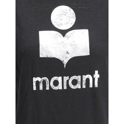 Marant Etoile Black Linen T-Shirt with iconic monogram on front, lightweight breathable design, ideal for warm weather.