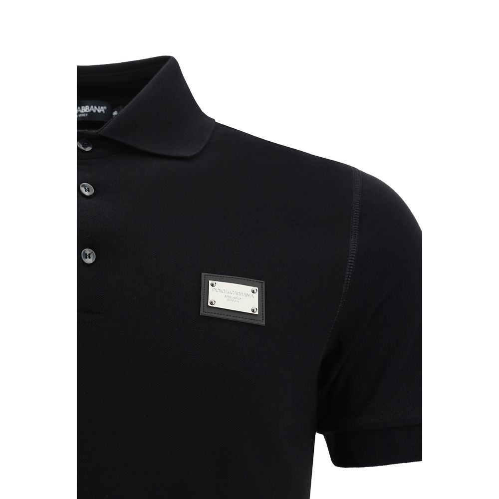 Dolce & Gabbana Black Cotton Polo Shirt with ribbed collar, tone-on-tone buttons, and D&G monogram plaque, 100% cotton, AW25.