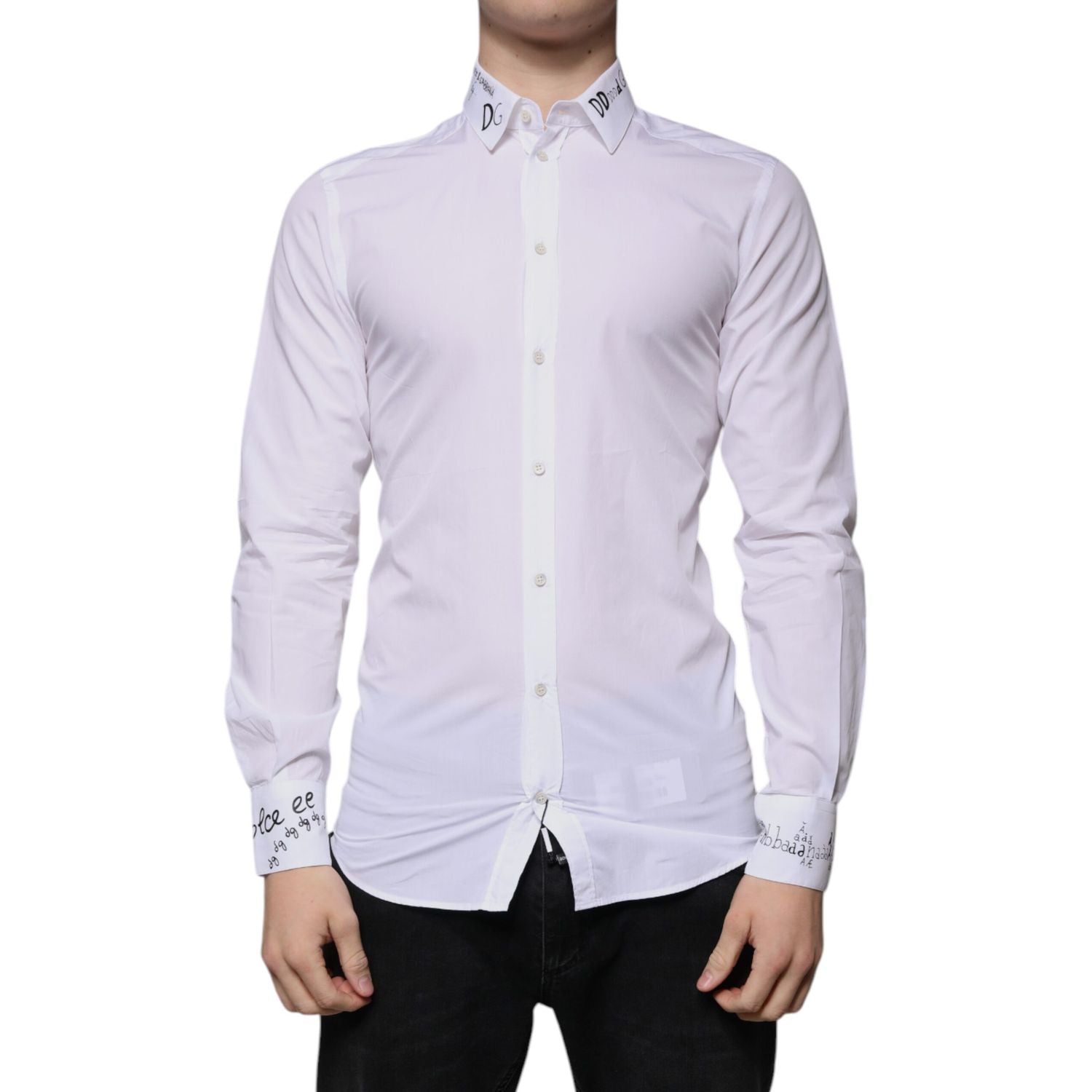 Dolce & Gabbana White Cotton Logo Formal Men GOLD Dress Shirt