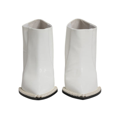 Dolce & Gabbana White Faux Pearl Leather Pointed Toe Ankle Boot Shoes