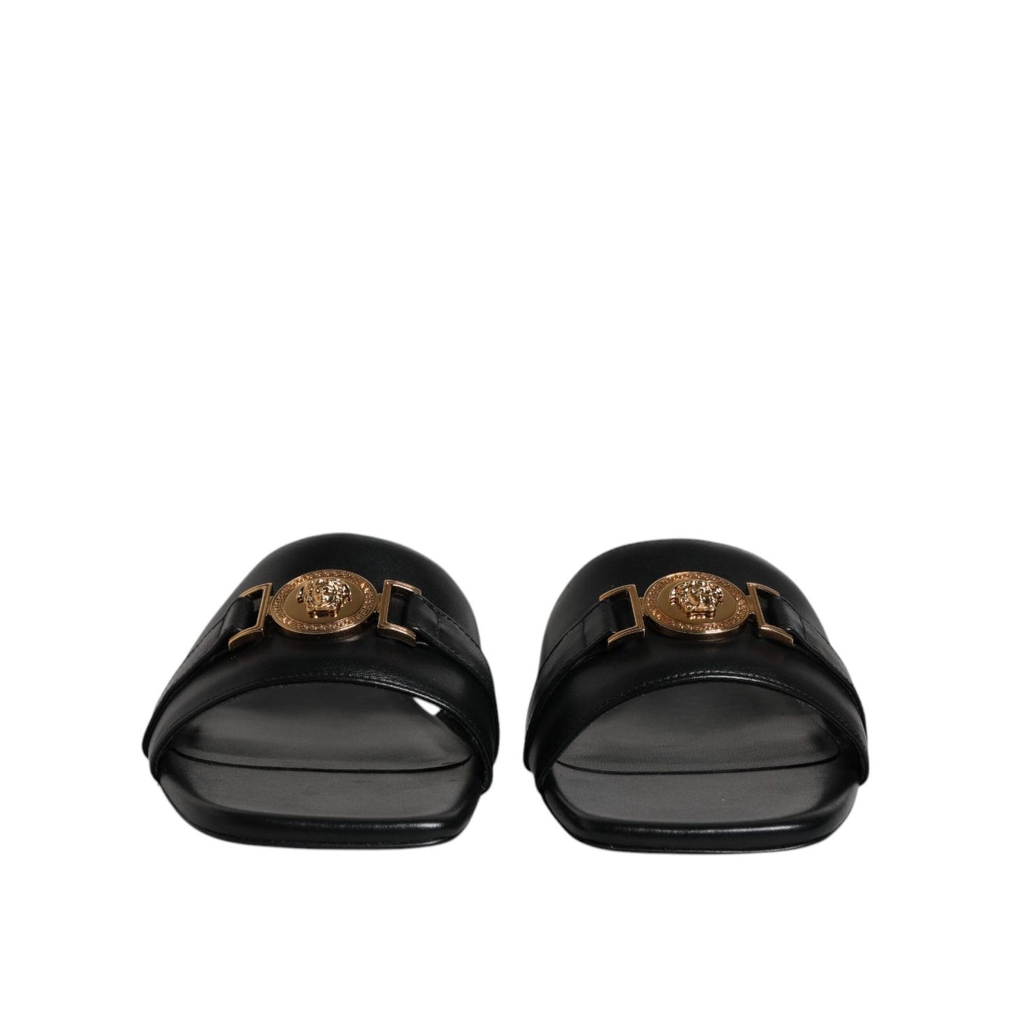 Versace Black Leather Logo Plaque Slip On Slides Flats Shoes