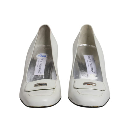Dolce & Gabbana White Leather Block Heels Pumps Shoes