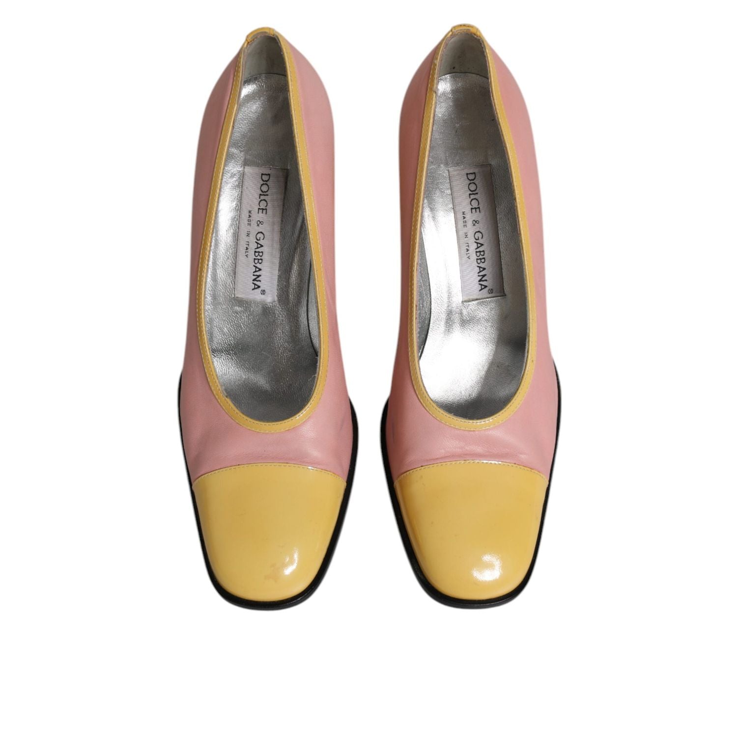 Dolce & Gabbana Pink Yellow Leather Block Heels Pumps Shoes