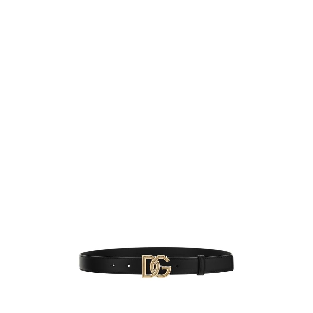 Dolce & Gabbana Black Calf Leather Bos Taurus Regular Belt with iconic metallic monogram buckle, elegant and versatile accessory.