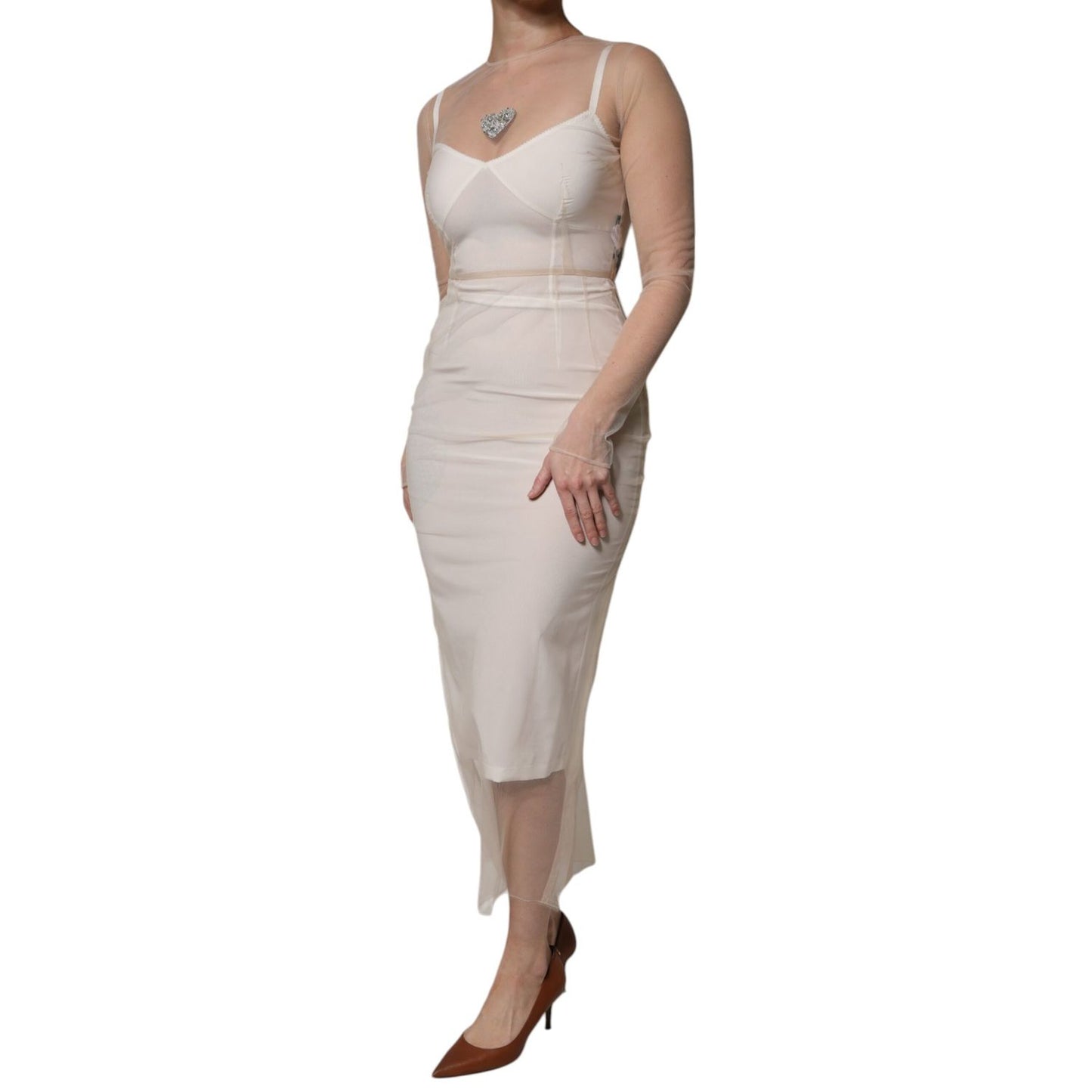 Dolce & Gabbana White Sheer Tulle Bustier Bodycon Midi Dress