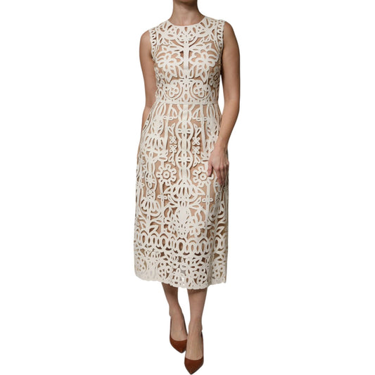 Dolce & Gabbana White Cut Out Leather Sleeveless Midi Dress DR281233-40