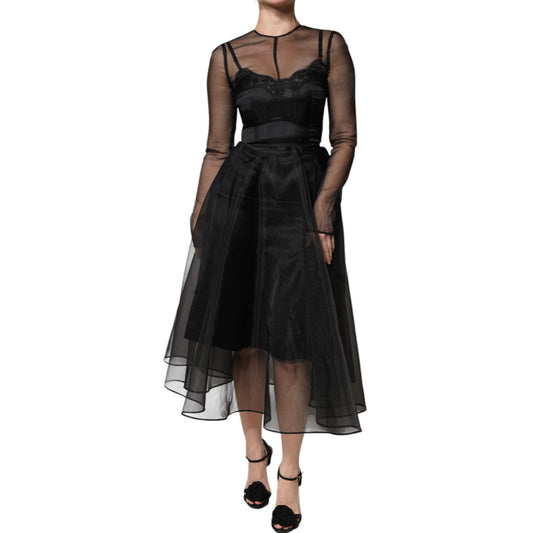 Dolce & Gabbana Black Tulle A-line Midi Cocktail Gown Dress DR281234-40