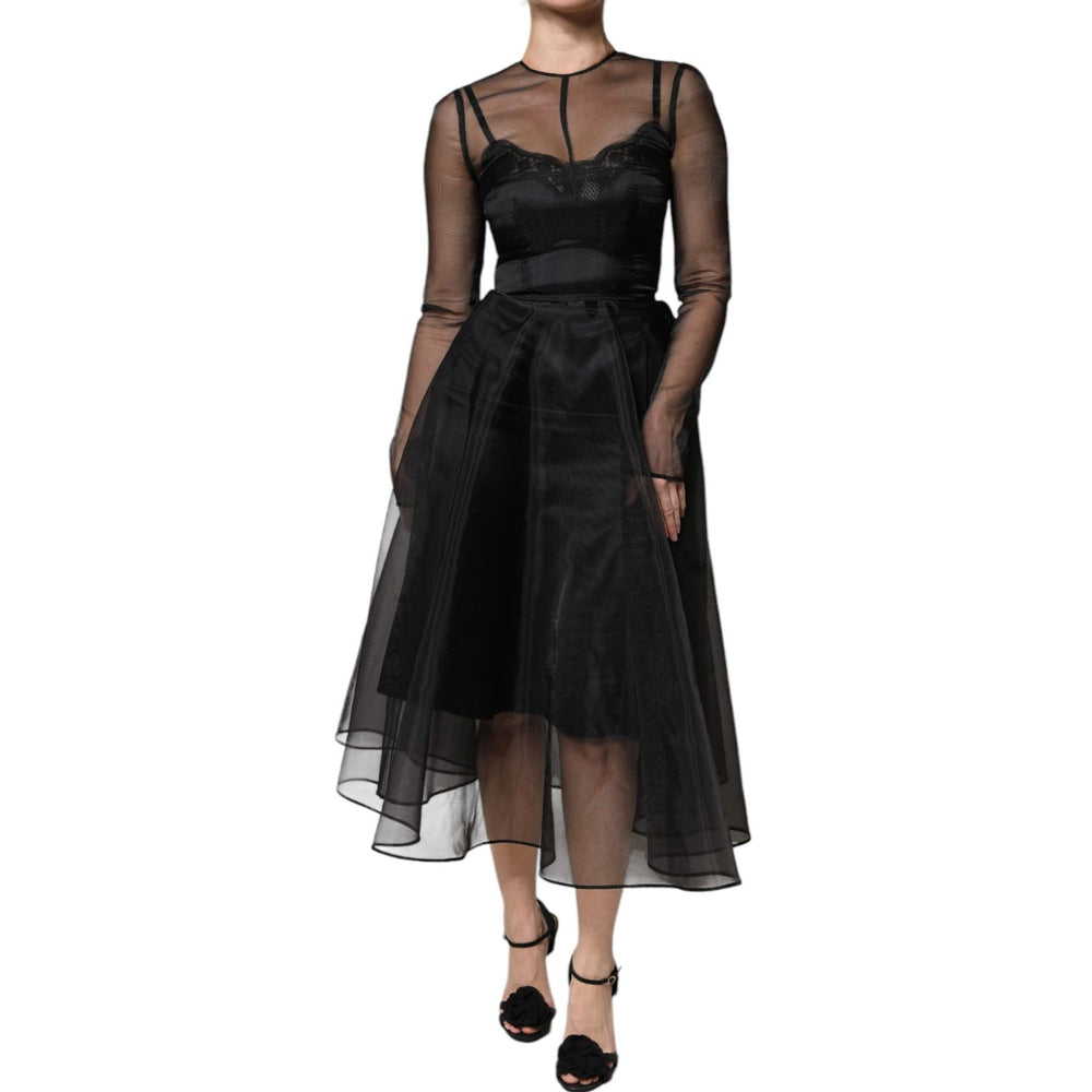 Dolce & Gabbana Black Tulle A-line Midi Cocktail Gown Dress DR281234-40