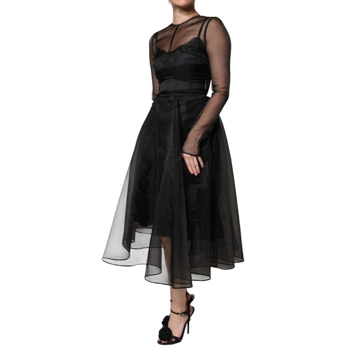 Dolce & Gabbana Black Tulle A-line Midi Cocktail Gown Dress DR281234-40