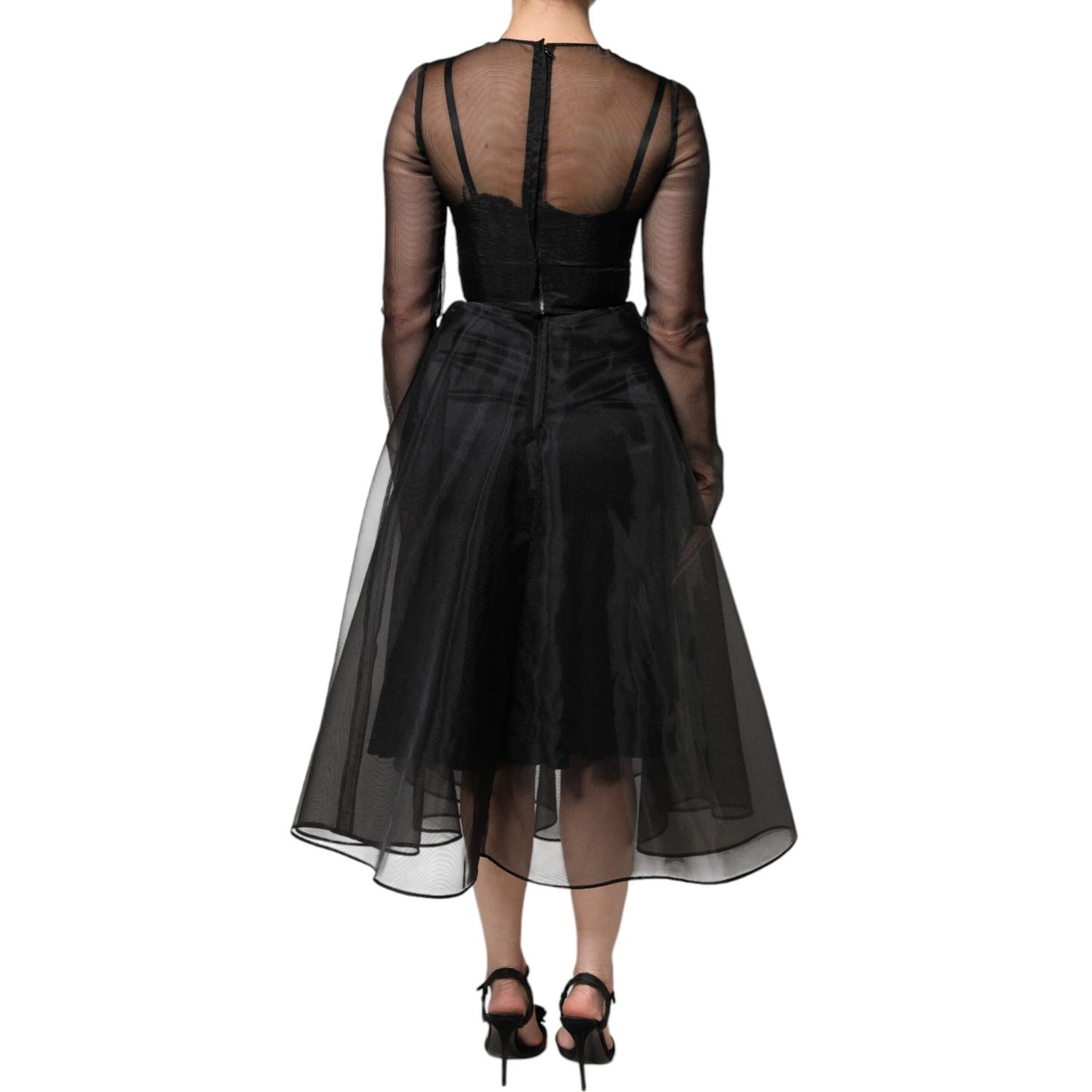 Dolce & Gabbana Black Tulle A-line Midi Cocktail Gown Dress DR281234-40