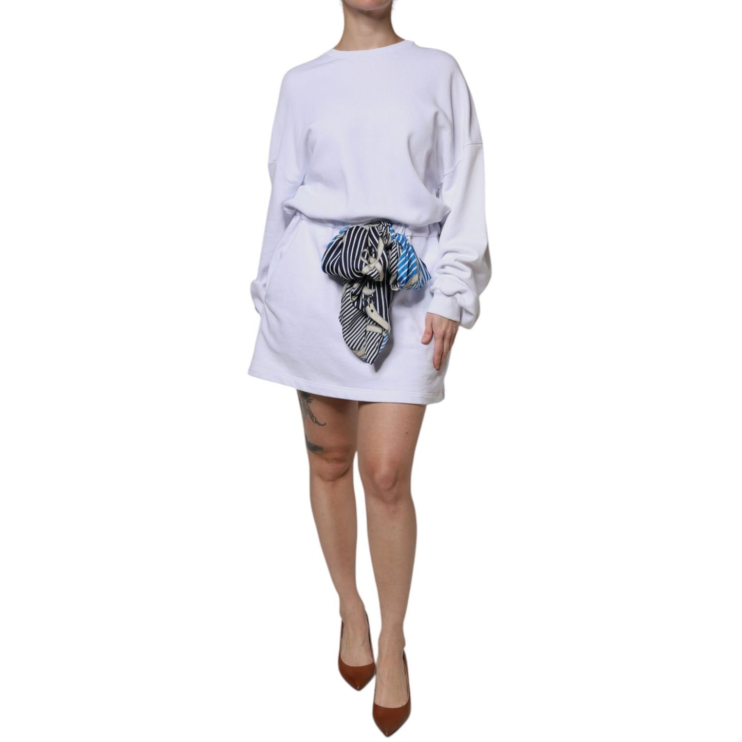 MSGM White Cotton Belted Long Sleeves Crew Neck Mini Dress DR281397-40