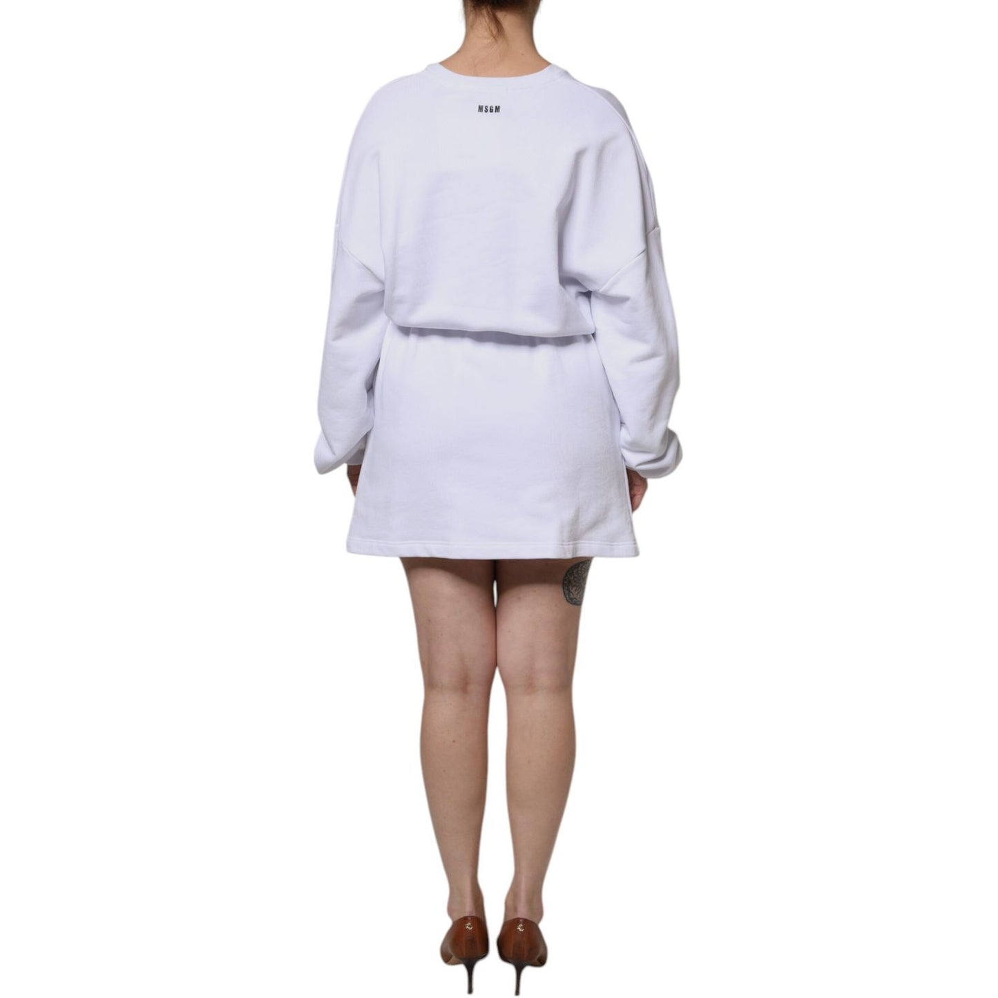 MSGM White Cotton Belted Long Sleeves Crew Neck Mini Dress DR281397-40