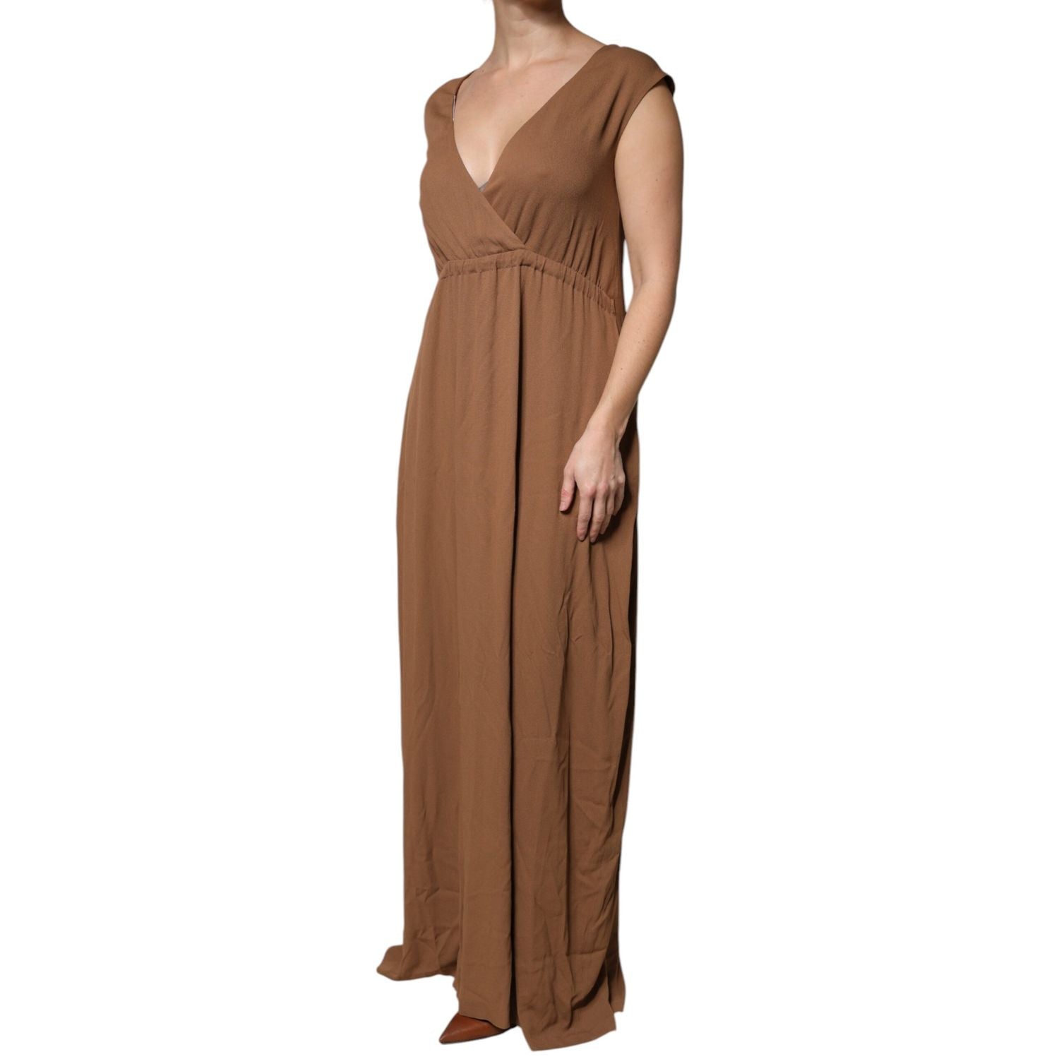 Fabiana Filippi Brown Sleeveless Deep V-neck A-line Long Maxi Dress